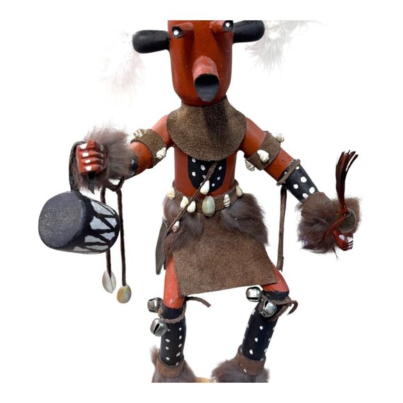 Vintage Mudhead Native American Kachina Doll  Feathers & Drum Signed Lang 16" - Picture 7 of 13